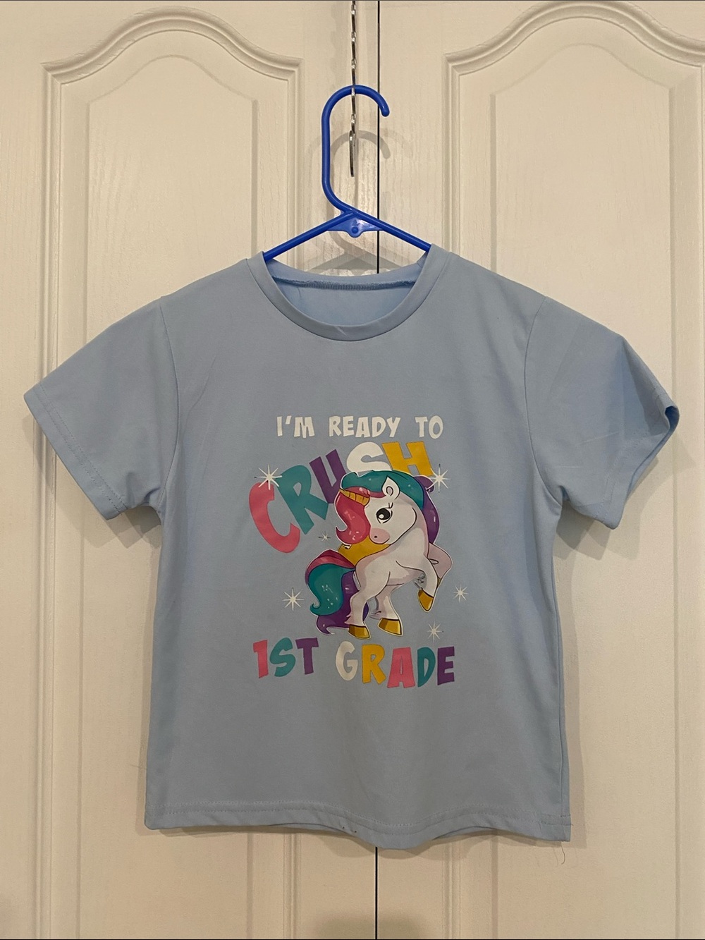 Kids' Light Blue Unicorn 'I'm Ready Sz 5 to Crush 1st Grade' T-Shirt